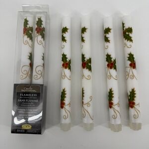 Candle Impressions LED Christmas Taper Candles Holly Berry Set of 6 Timer WORKS